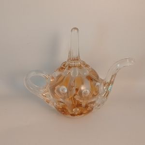 Glass Teapot Floral Lilies Ring Holder/Paperweight. 4.5" tall Joe  St. Clair